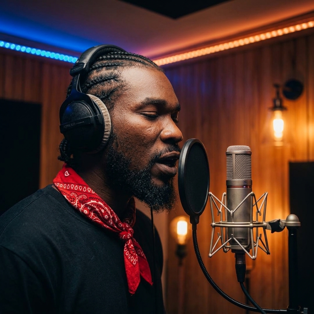 Kobby Major recording vocals in a music studio